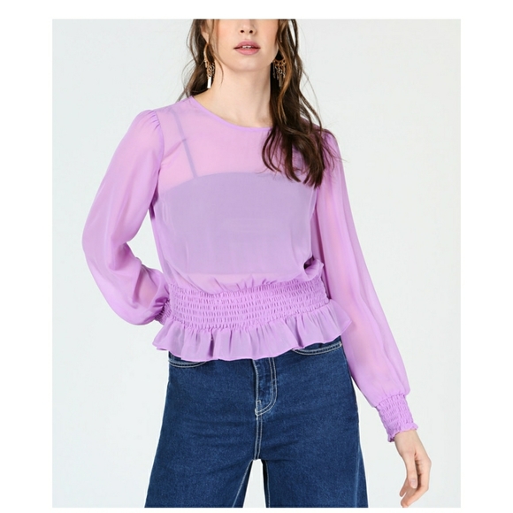 Tops - Bar III Smocked-Waist Long-Sleeve Blouse, Created